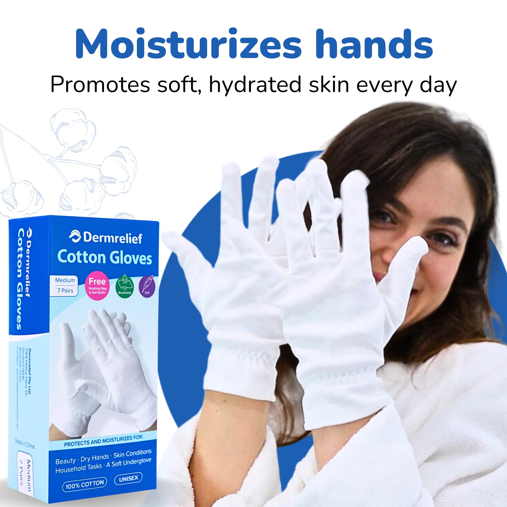 Dermrelief cotton gloves on nightstand ready for overnight moisture boost.