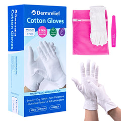 Dermrelief cotton gloves packaging highlights seven-pair value for moisture care.