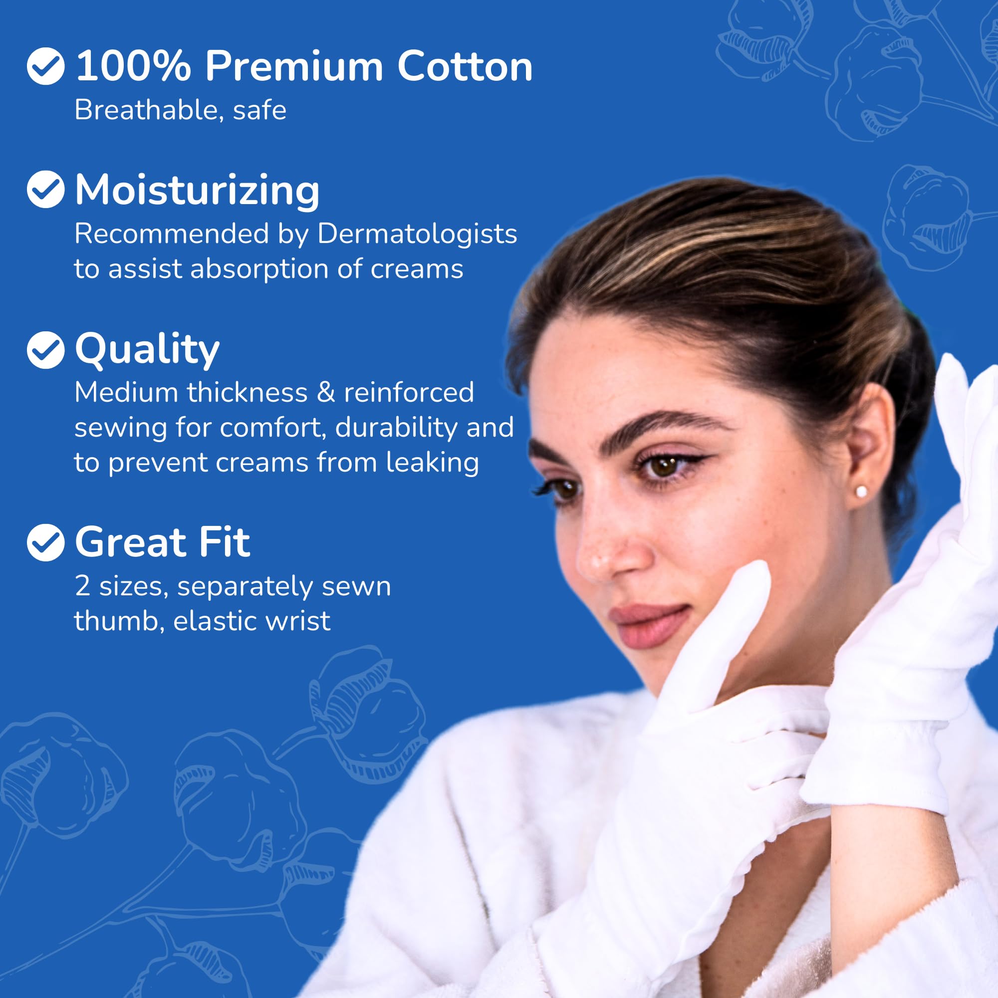 Dermrelief cotton gloves two sizes with separate thumb ensure secure overnight wear.