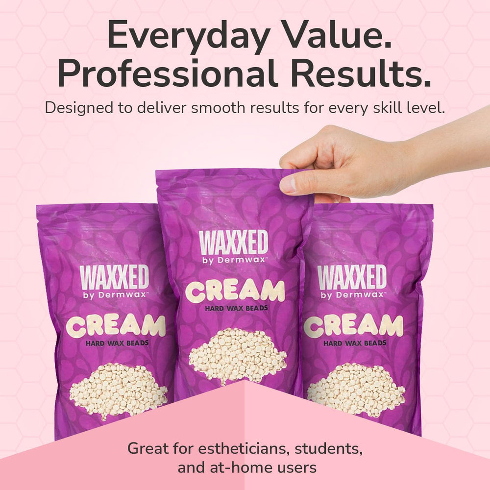 Dermwax WAXXED beads produced in Europe indicating professional-grade quality.