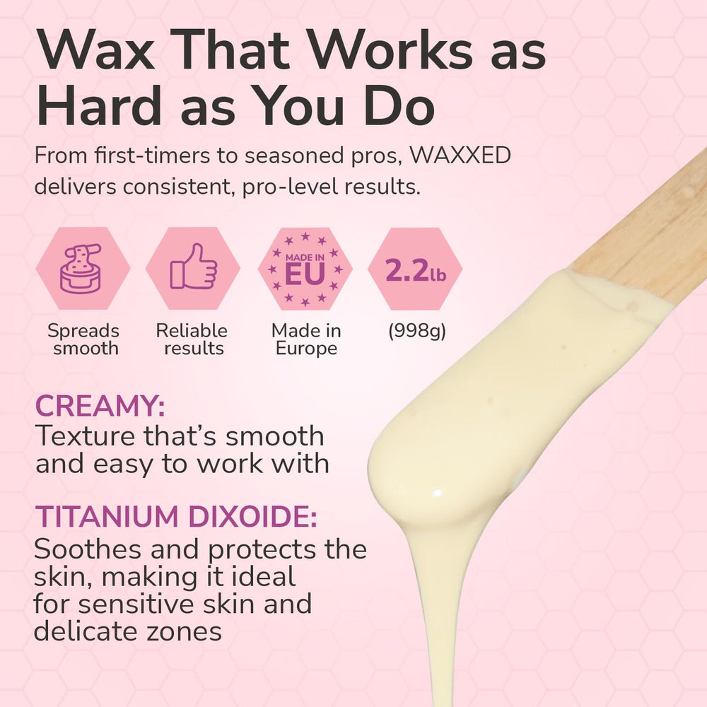 Dermwax WAXXED beads with opaque formula aiding precise coverage during waxing.