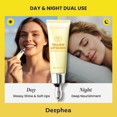 DERPHEA lip balm application close-up shows glossy finish.