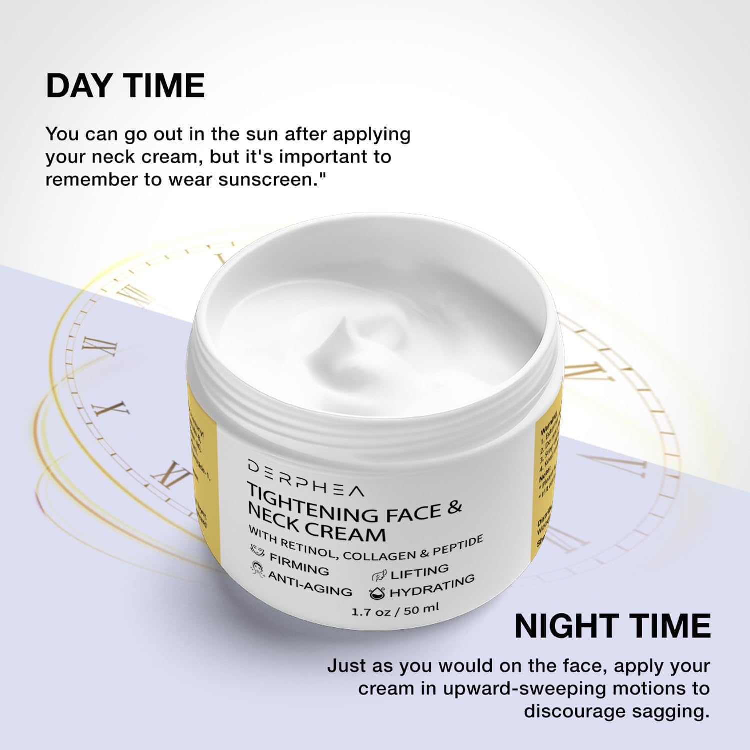 DERPHEA creamy texture swirl emphasizes luxurious, easy-absorb formula for neck care.