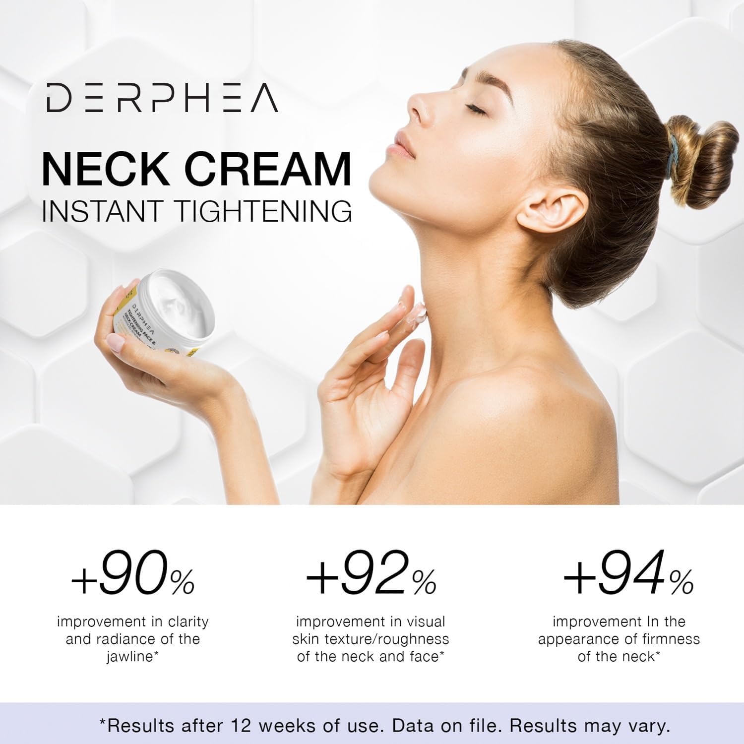DERPHEA decollete cream jar highlights target area hydration and smoothing.