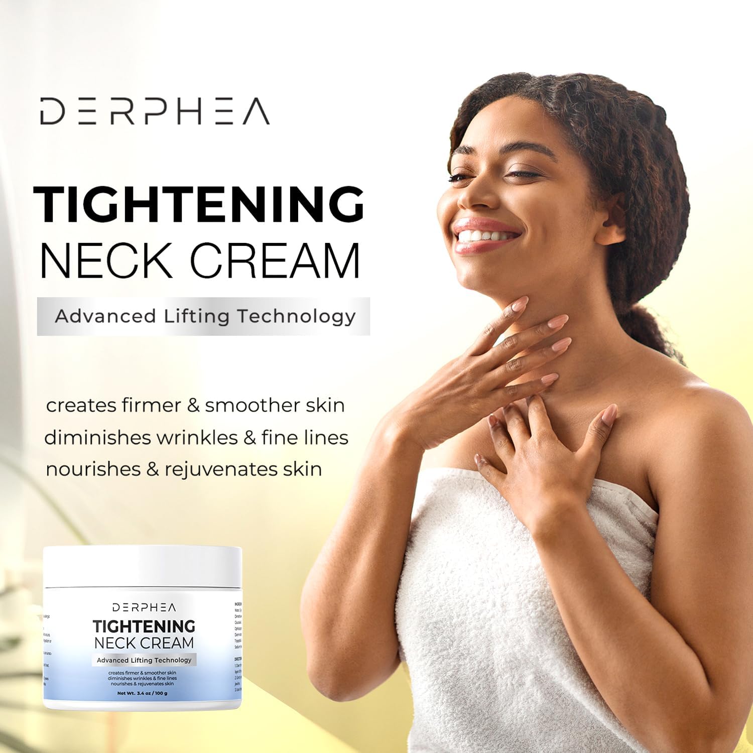 DERPHEA neck cream on décolleté demonstrates smoothing benefits.