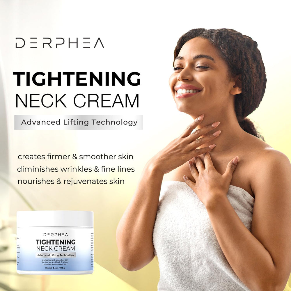DERPHEA neck cream on décolleté demonstrates smoothing benefits.