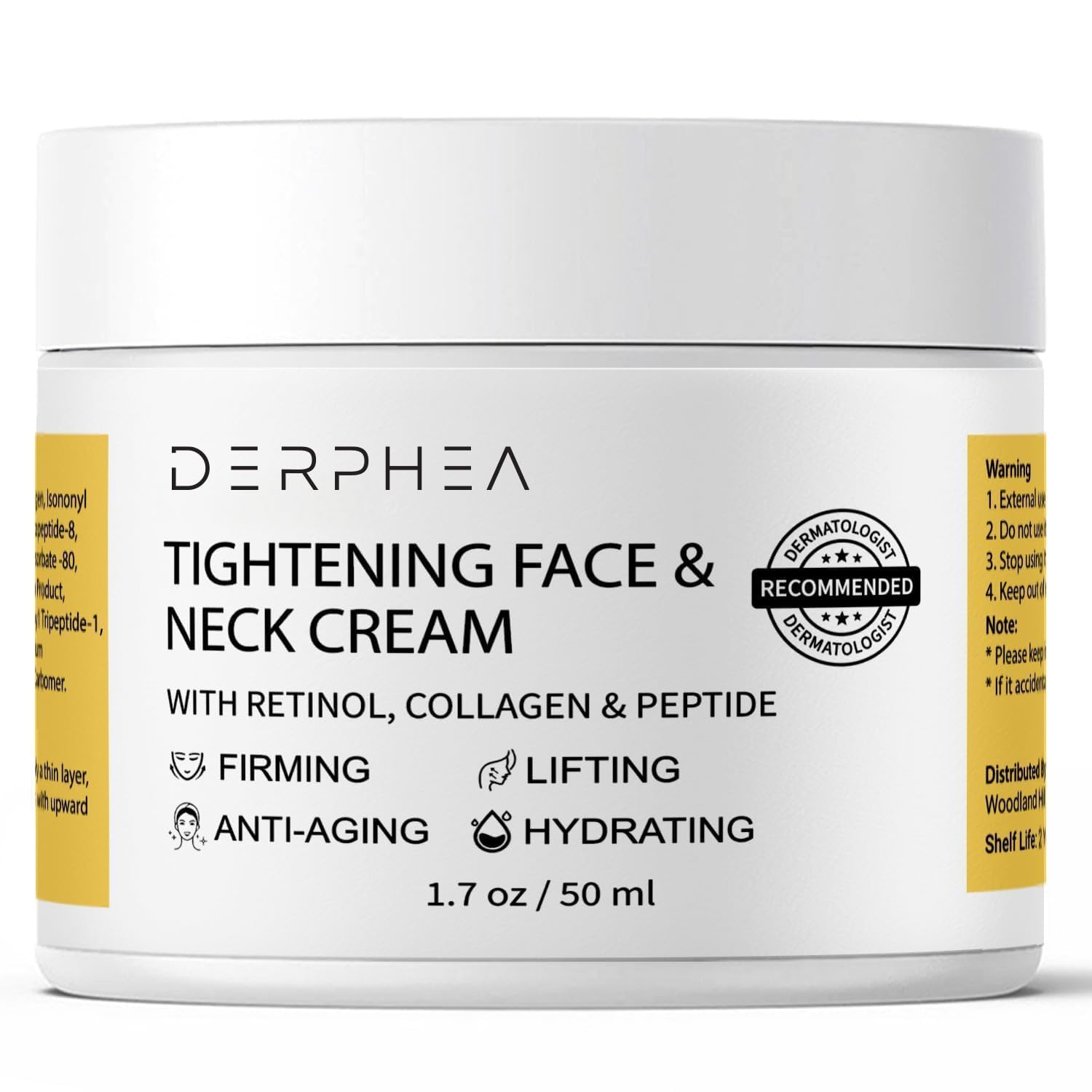DERPHEA neck tightening cream jar demonstrates firming formula for a smoother neckline.