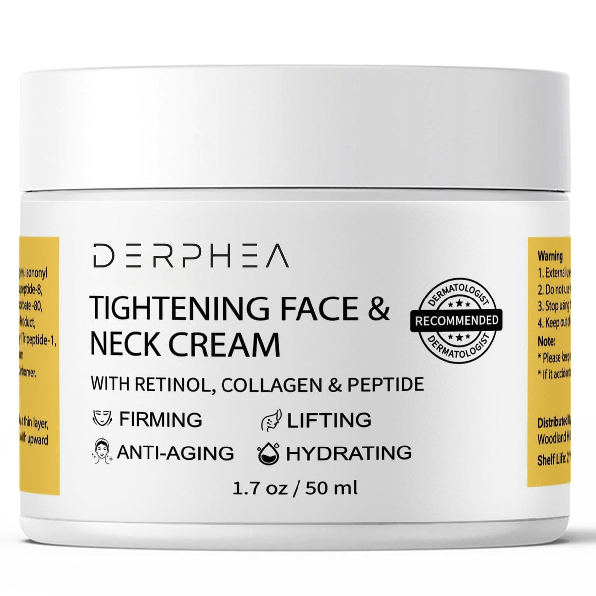 DERPHEA neck tightening cream jar demonstrates firming formula for a smoother neckline.