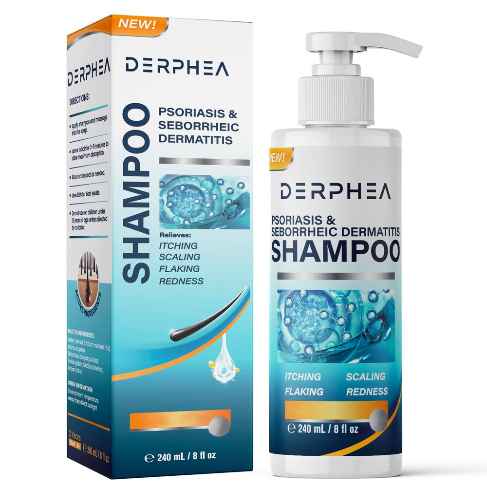 DERPHEA psoriasis shampoo bottle demonstrates medicated formula for relieving itch and flaking.