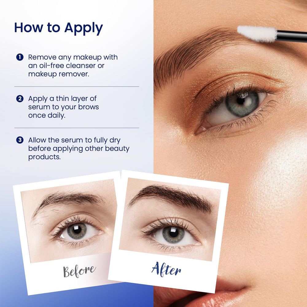 Dersie Eyebrow Growth Serum 5 mL bottle on vanity emphasizes long-term care.