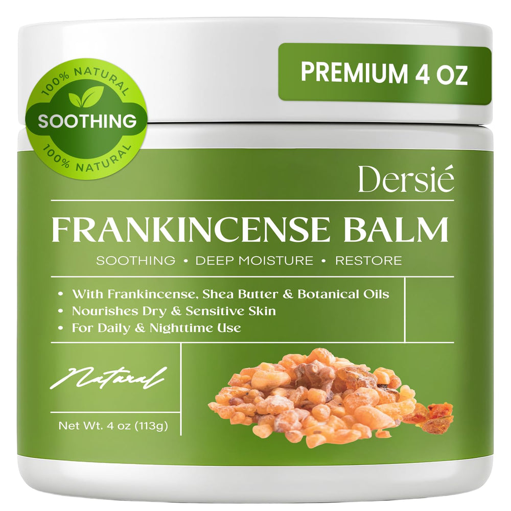 Dersie Frankincense Balm 4oz jar closeup for long-lasting muscle and skin nourishment