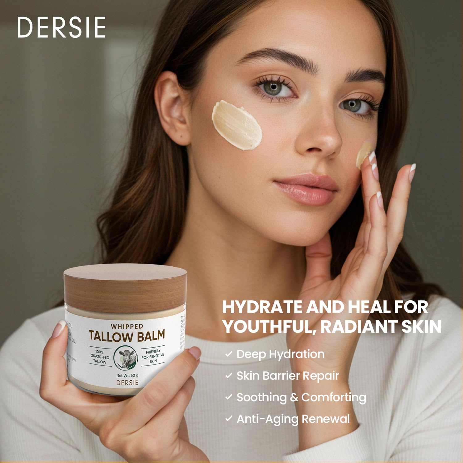 Dersie ingredients highlight nourishing grass-fed beef tallow for skin health.