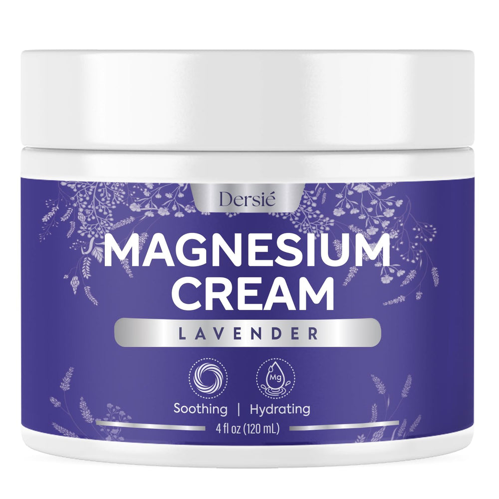 Dersie magnesium cream bottle with lavender promotes calming bedtime ritual.