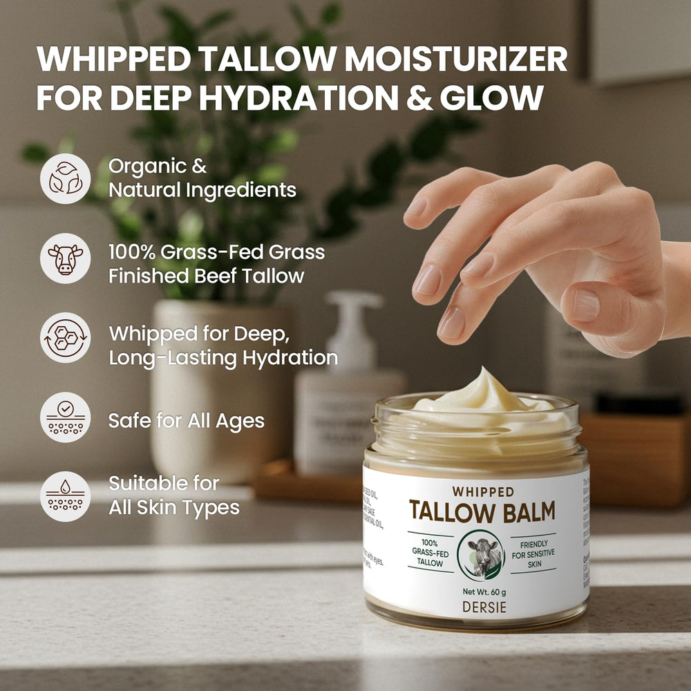 Dersie Whipped Tallow Cream after-sun application soothes skin post-exposure.