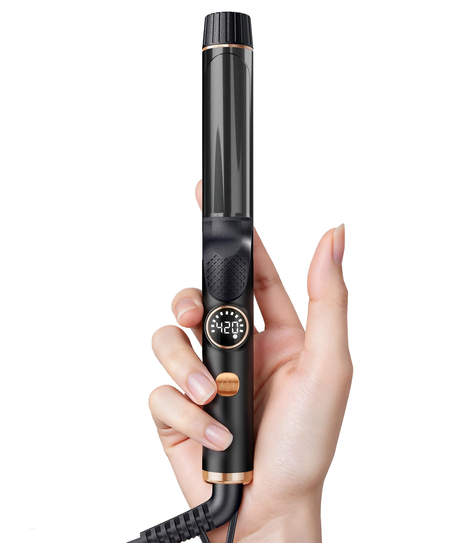 Desalo 1-inch mini travel curling iron front view for easy, on-the-go short-hair curls.