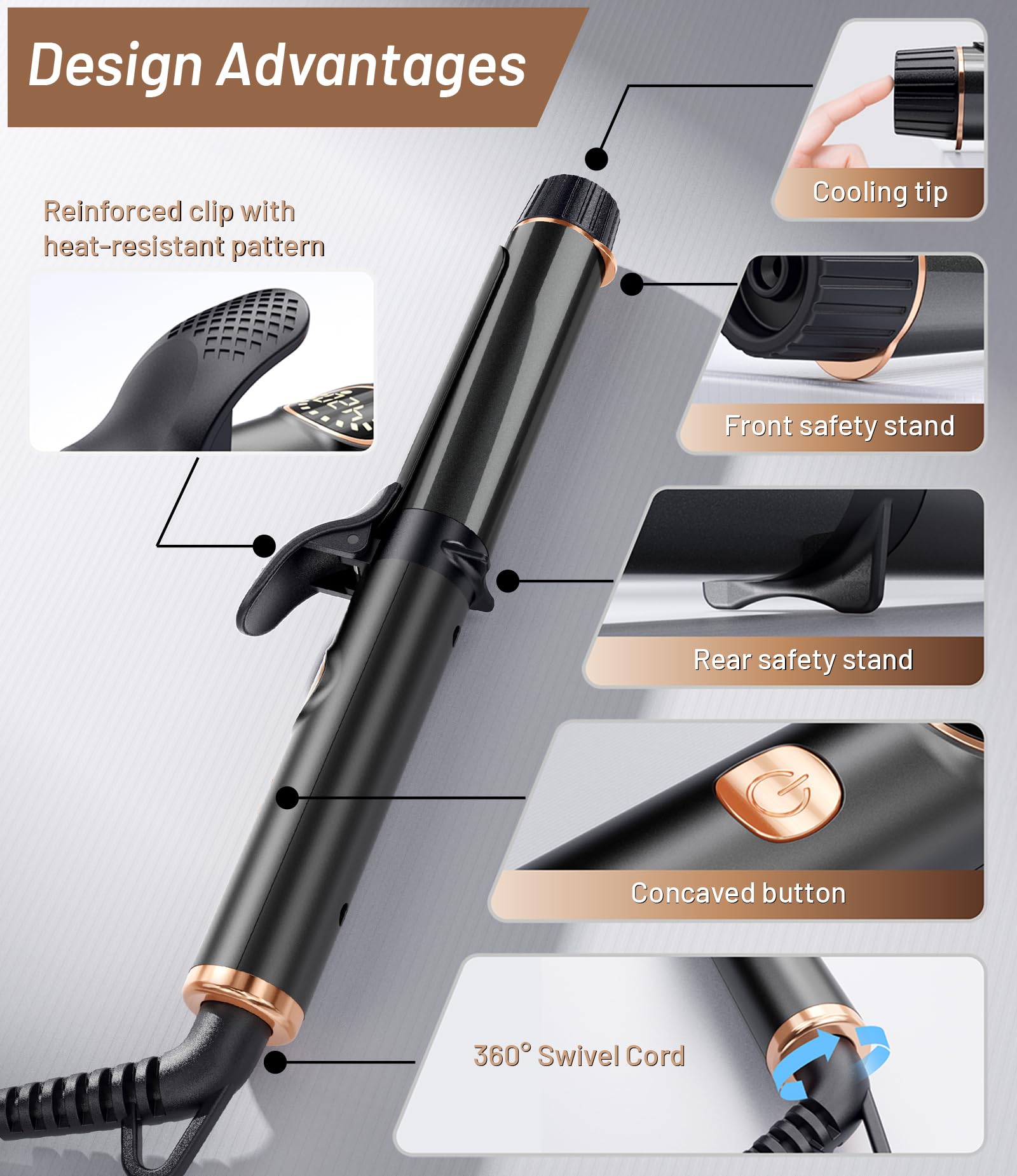 Desalo two-point rest stand and 360 swivel cord prevent tangling during styling.