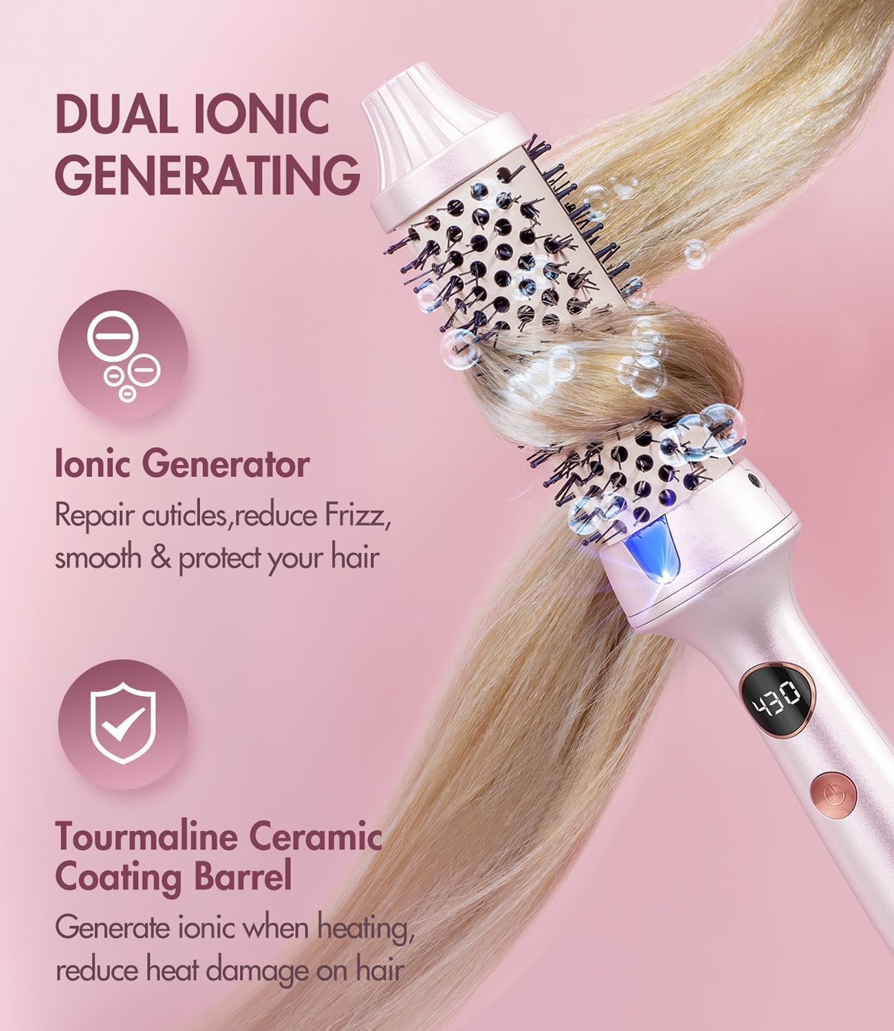 Desalo ionic function close-up reduces frizz while adding shine