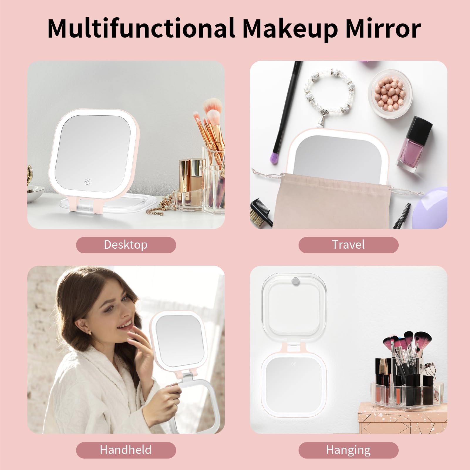 DESCHEN compact pink vanity mirror on a countertop for quick makeup routines.