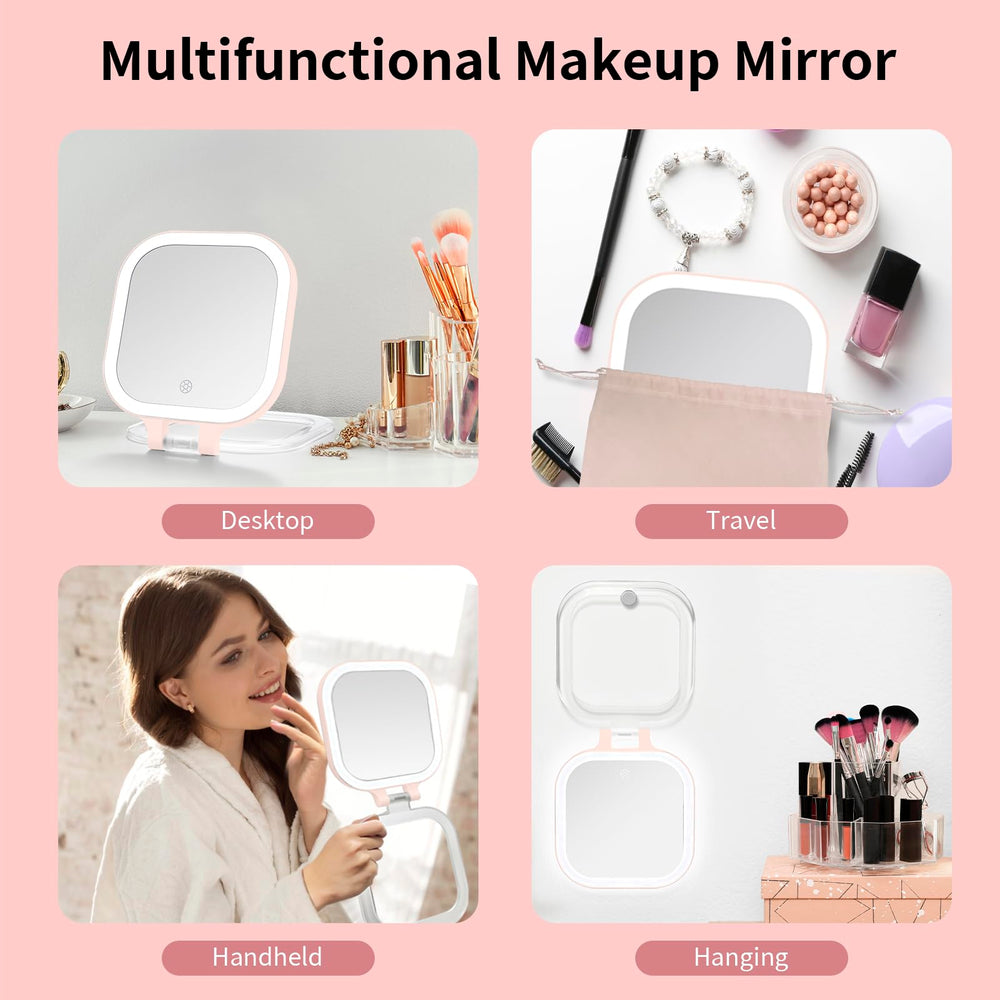 DESCHEN compact pink vanity mirror on a countertop for quick makeup routines.