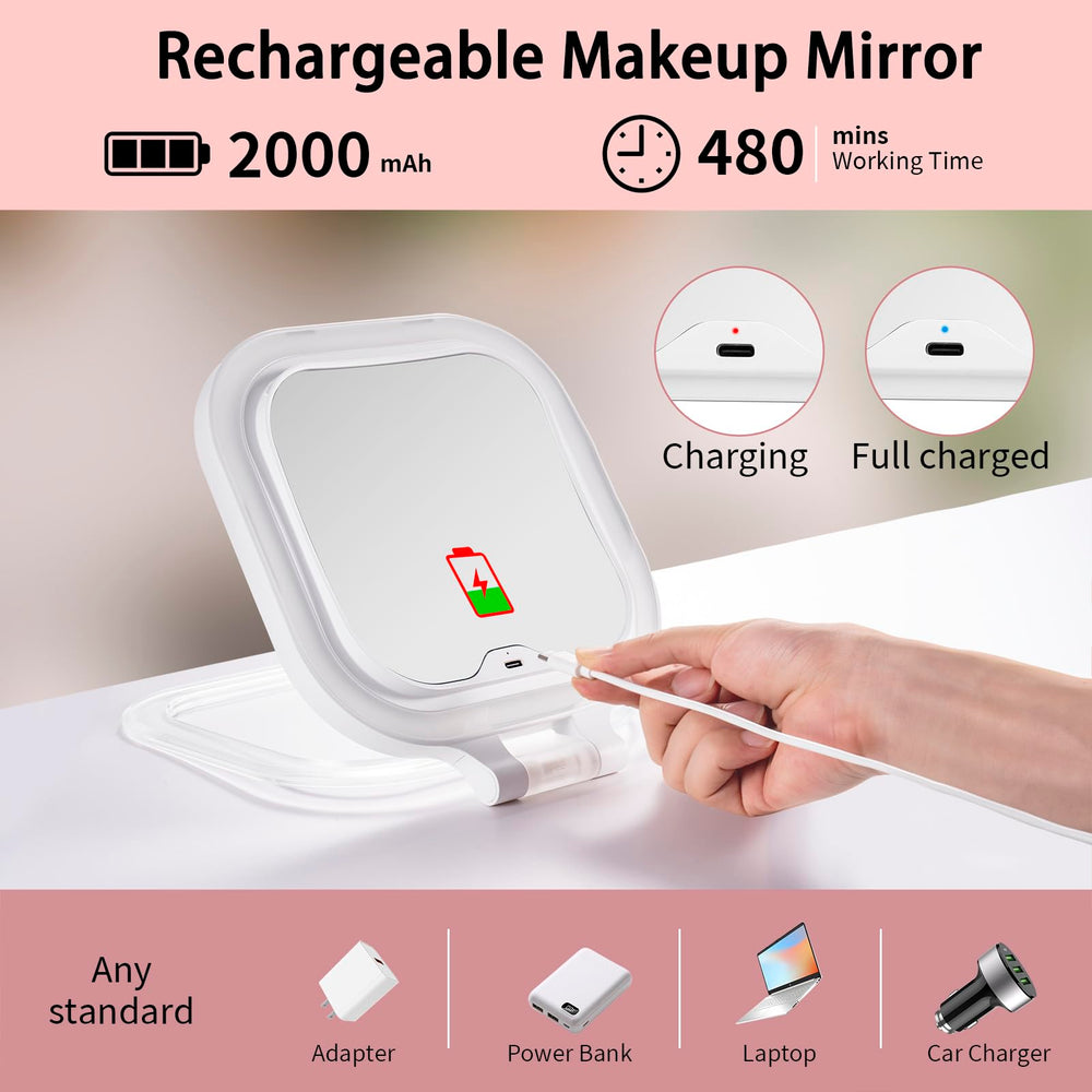 DESCHEN portable folding travel mirror ready for desk or hotel setup.