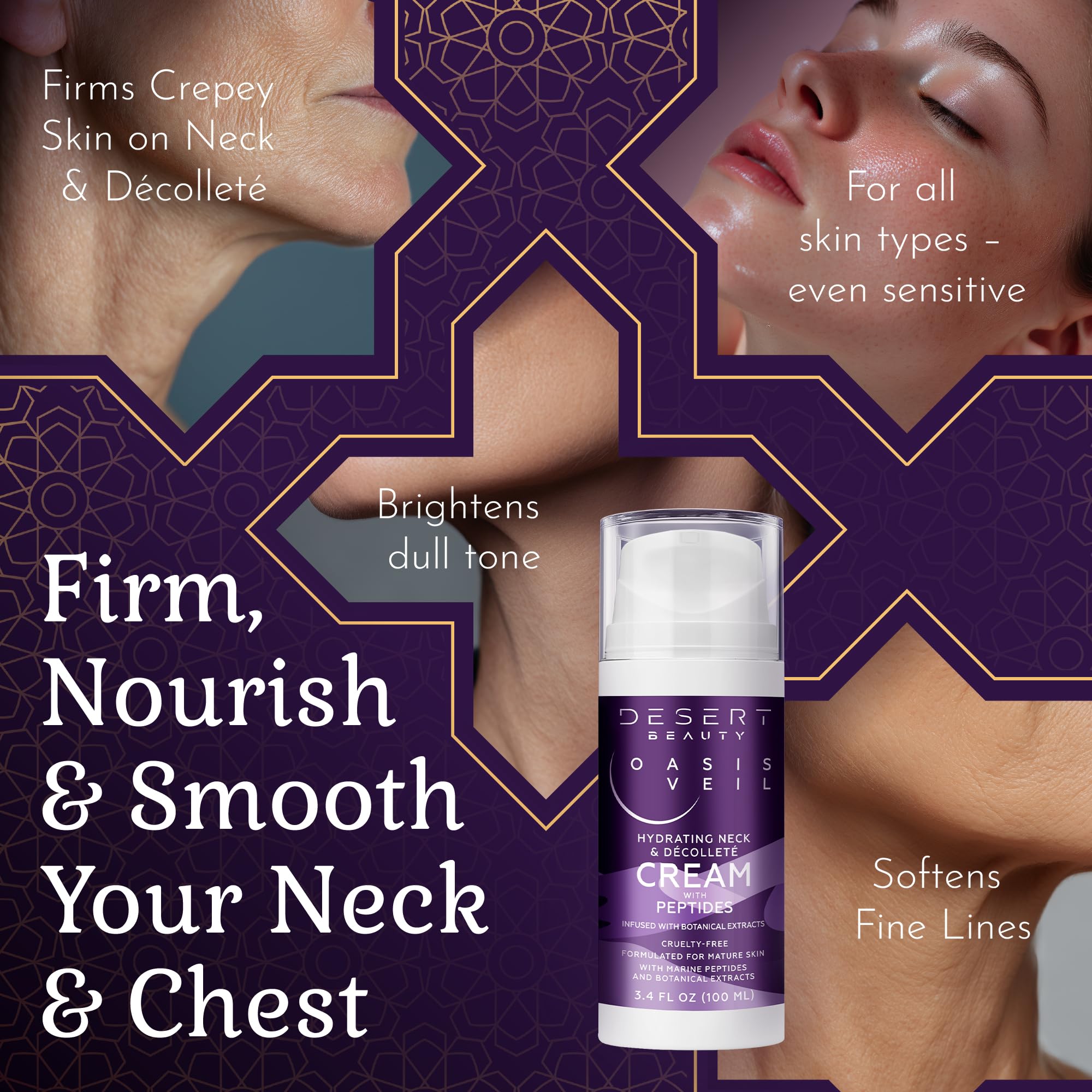 Desert Beauty neck-decollete-cream-packaging presents sleek, protection-focused design.