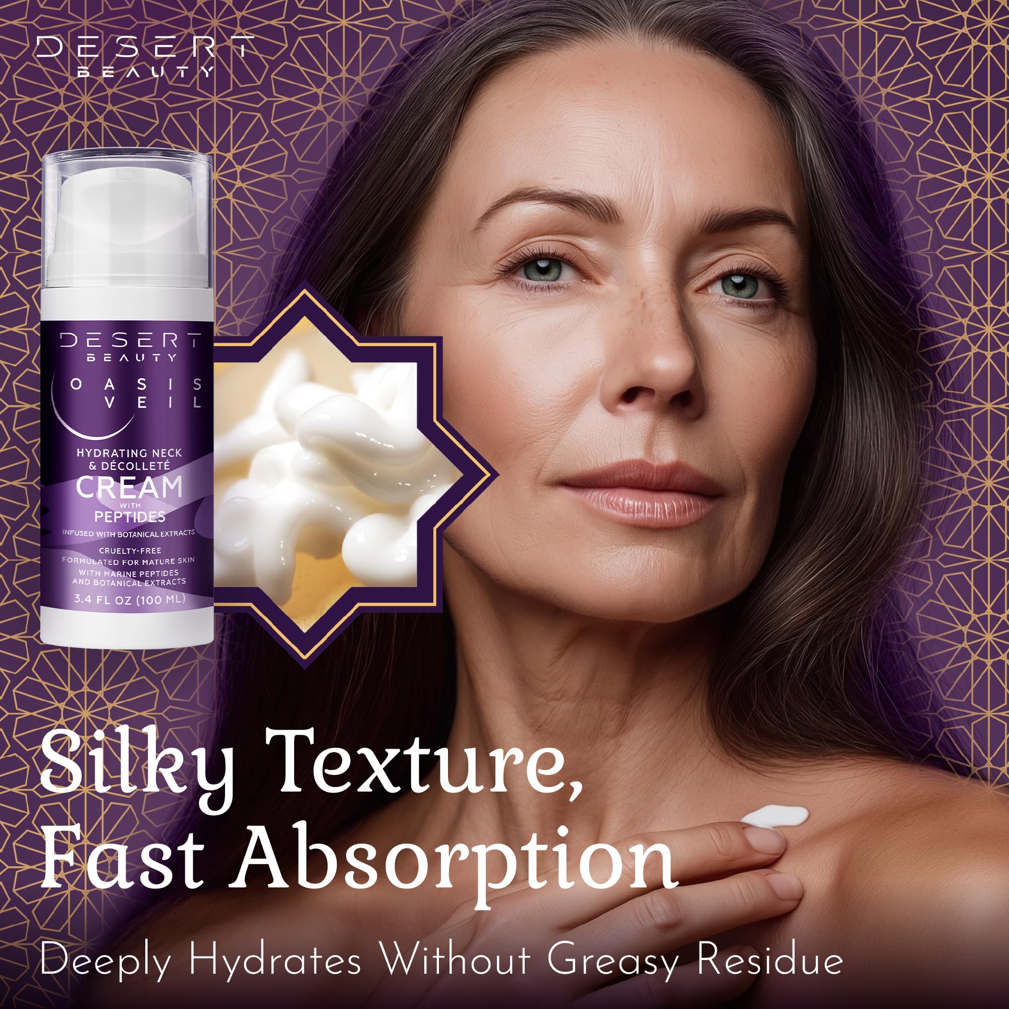 Desert Beauty neck-decollete-cream-pump-dispense shows airless pump for consistent dosing.