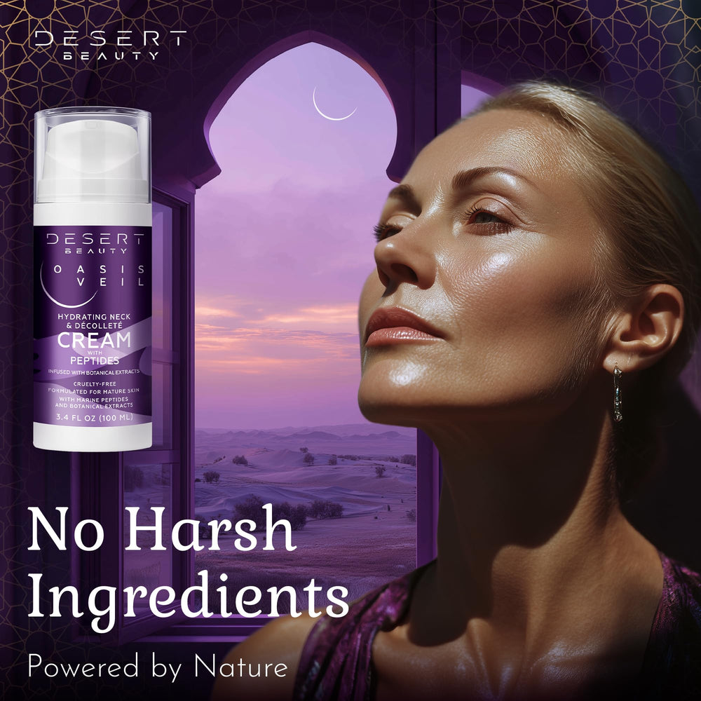 Desert Beauty neck-decollete-cream-skin-closeup reveals renewed-looking neckline and smoother texture.