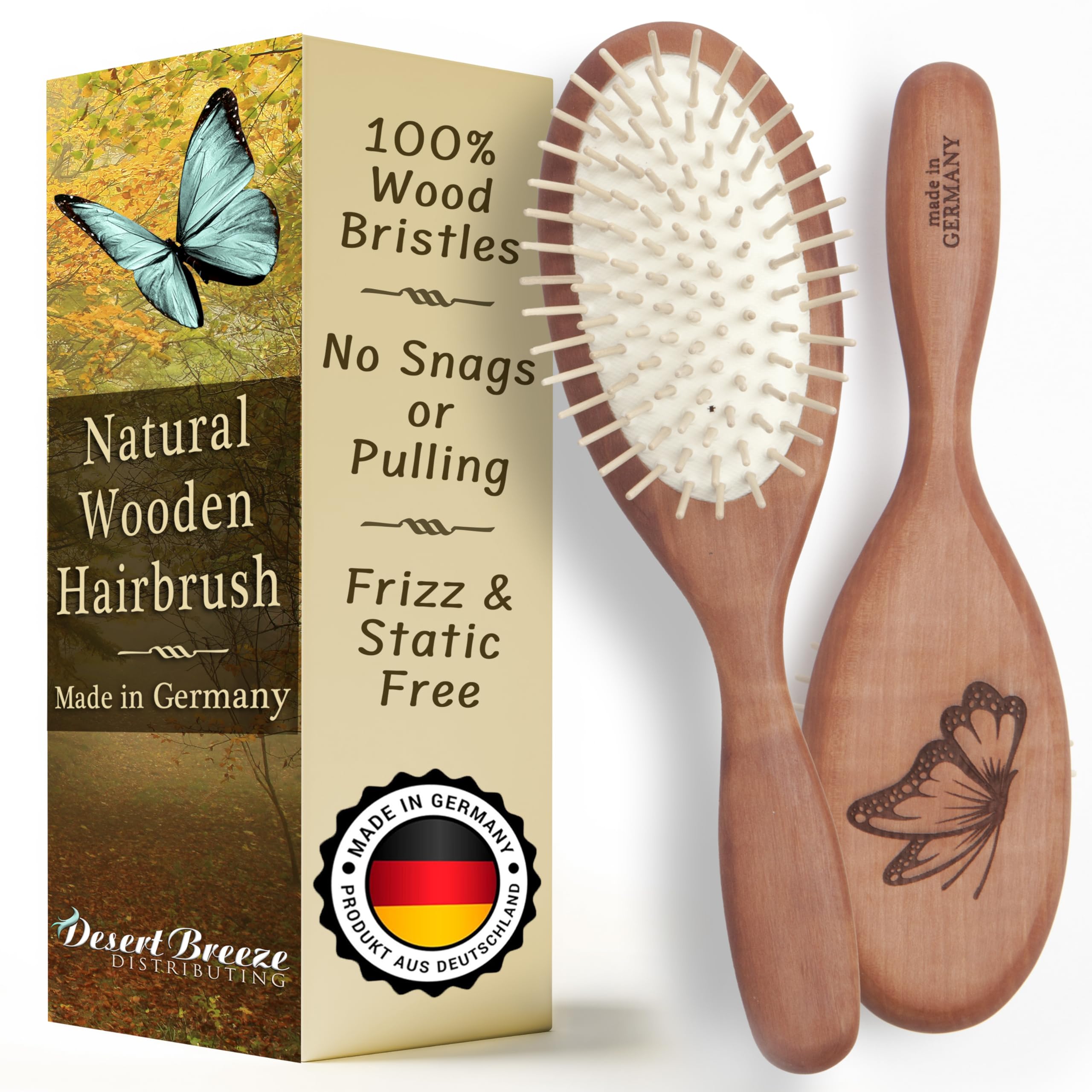 Desert Breeze Natural Wooden Hair Brush front view highlights ergonomic pear wood handle for comfortable daily brushing.