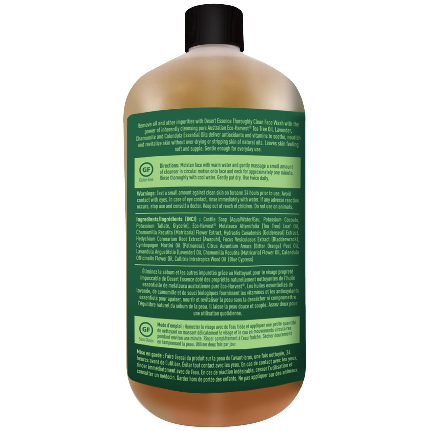 Desert Essence 32-ounce bottle displayed on bathroom counter.