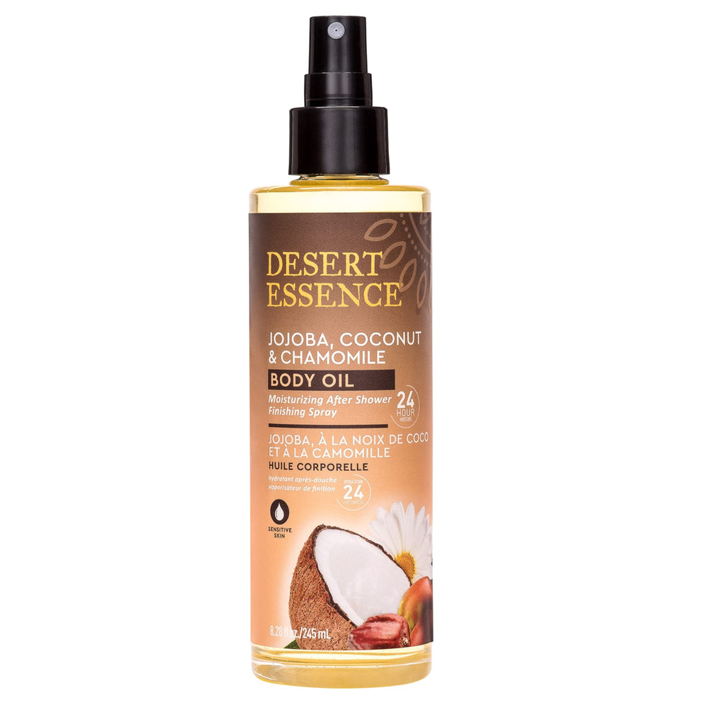 Desert Essence Body Oil Spray bottle delivers long-lasting moisture after shower