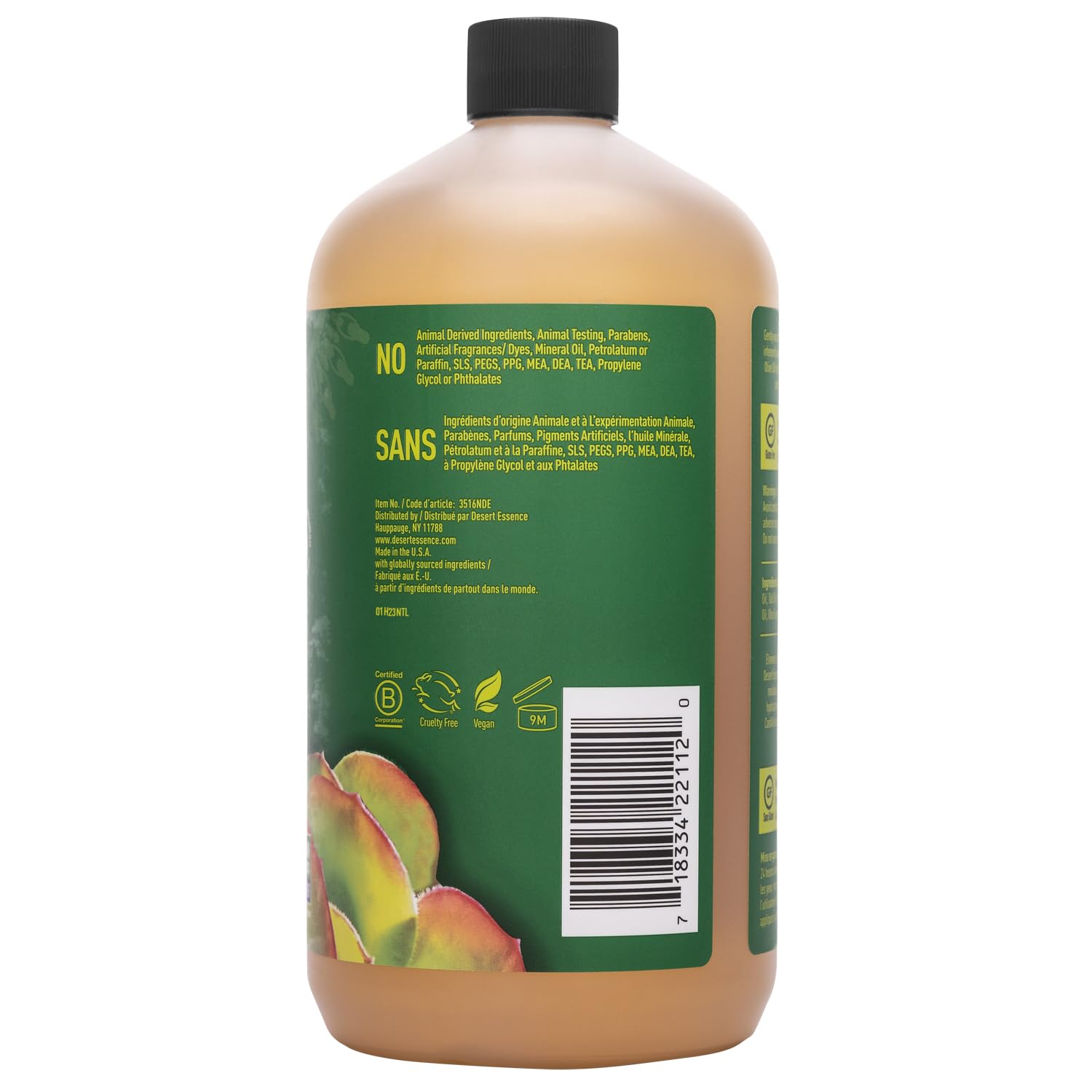 Desert Essence castile soap label and bottle shown for product clarity.