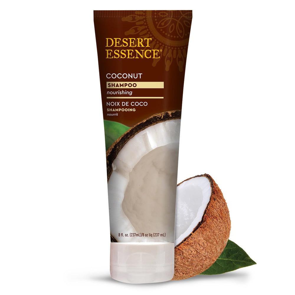 Desert Essence Coconut Shampoo bottle top view promotes hydration for dry hair