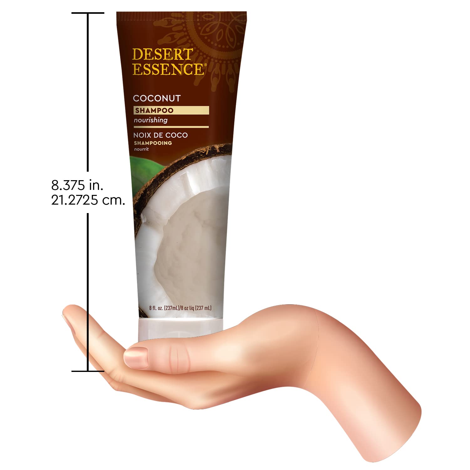 Desert Essence Coconut Shampoo bottle in bathroom aids daily moisture and manageability