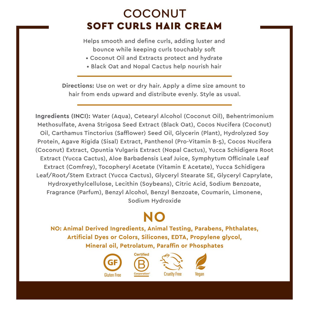 Desert Essence Coconut Soft Curls Cream USA-made packaging with ethical sourcing badge.
