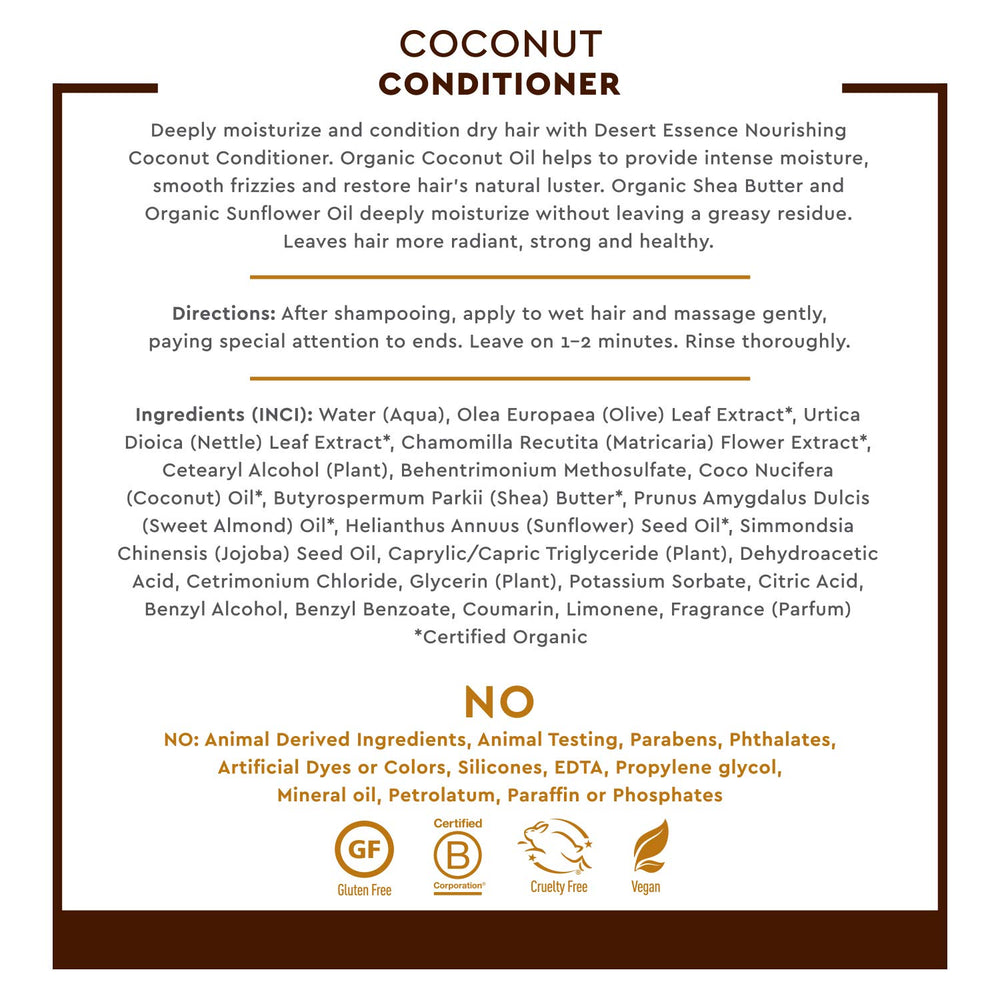 Desert Essence Coconut Conditioner aceite de girasol para brillo sedoso sin pesarlo.