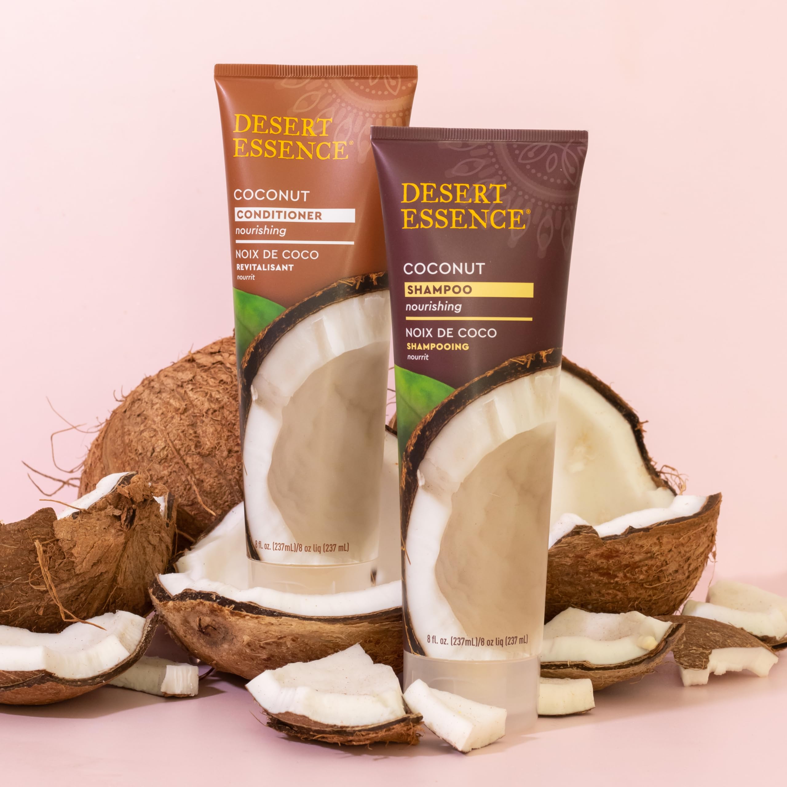 Desert Essence Coconut Conditioner envase sostenible y ingredientes responsables.