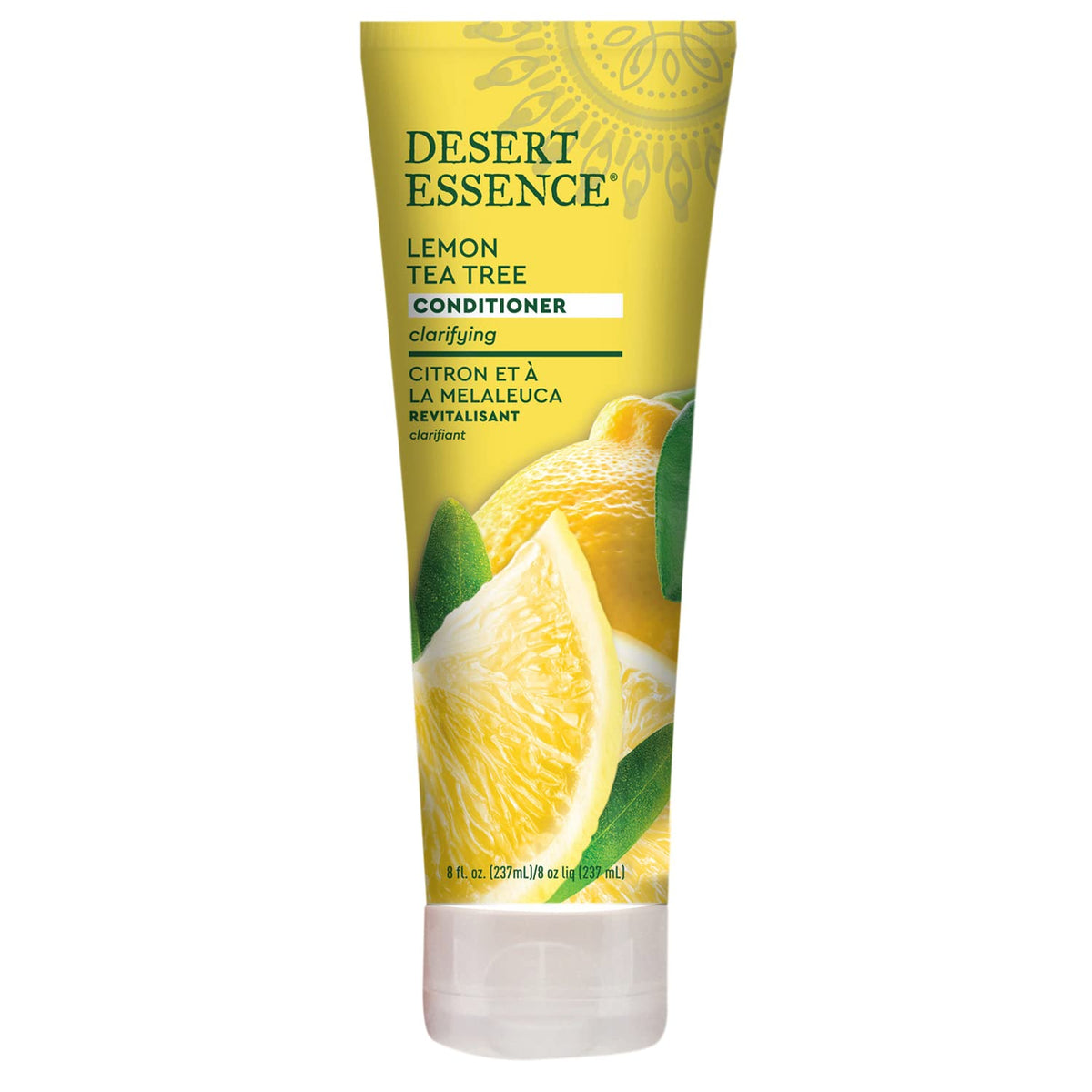 Desert Essence lemon tea tree conditioner bottle highlights clarifying action for oil-prone scalps