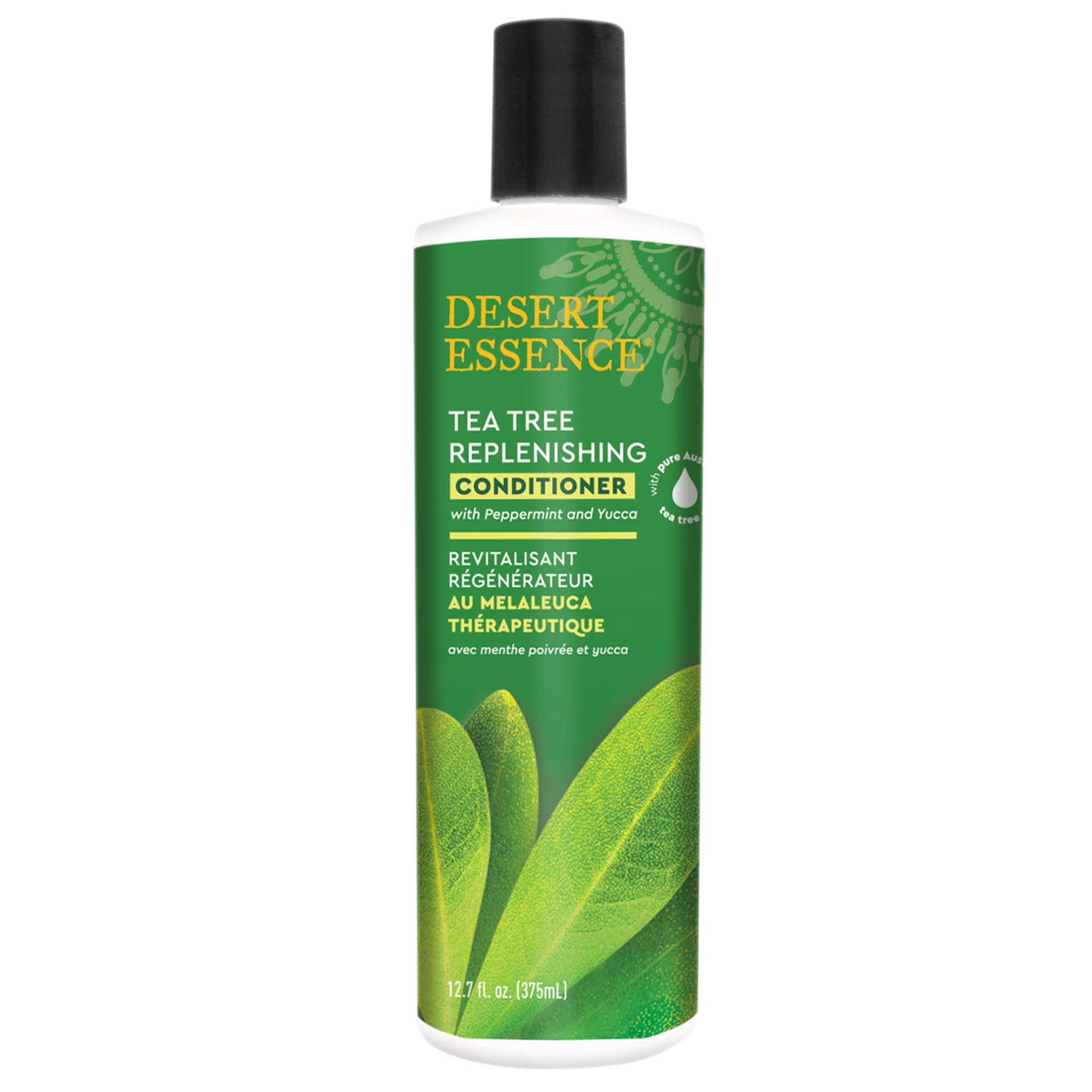 Desert Essence Tea Tree Eucalyptus conditioner bottle highlights scalp care and hydration