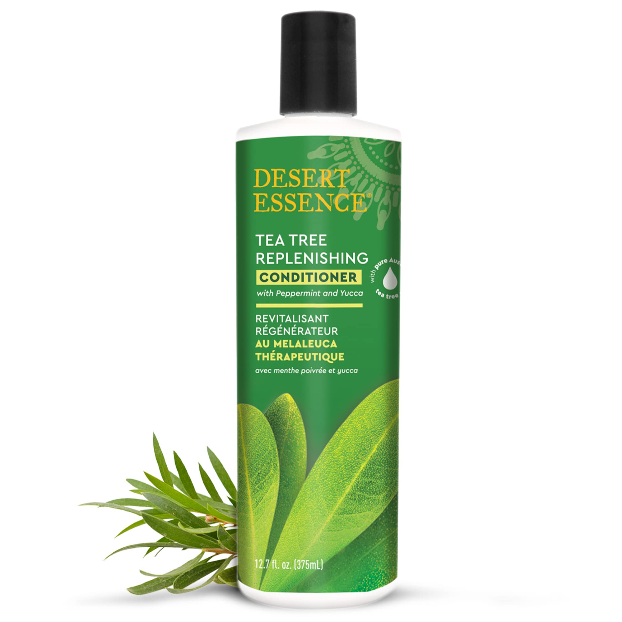 Desert Essence Tea Tree Eucalyptus ingredients closeup emphasizes natural formula
