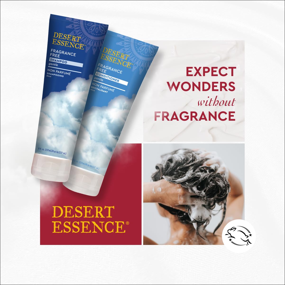 Desert Essence cruelty-free logo reinforces ethical, vegan-friendly hair care choices