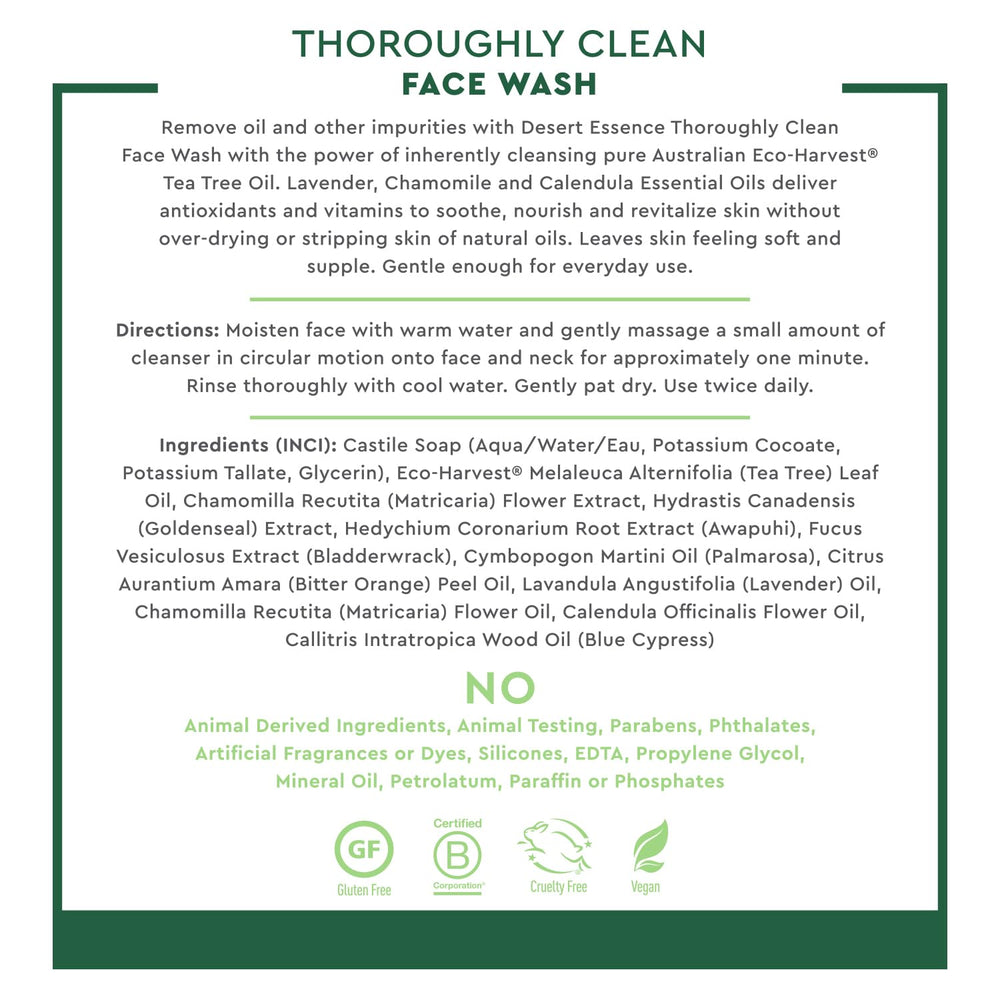 Desert Essence Thoroughly Clean Face Wash castile soap foam gently cleanses skin.
