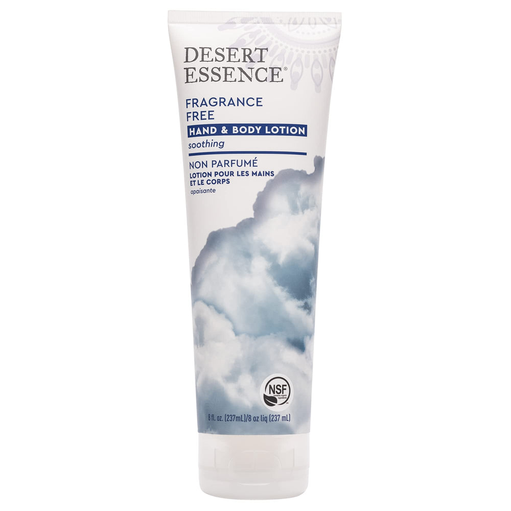 Desert Essence fragrance-free hand & body lotion bottle shows fragrance-free hydration for sensitive skin