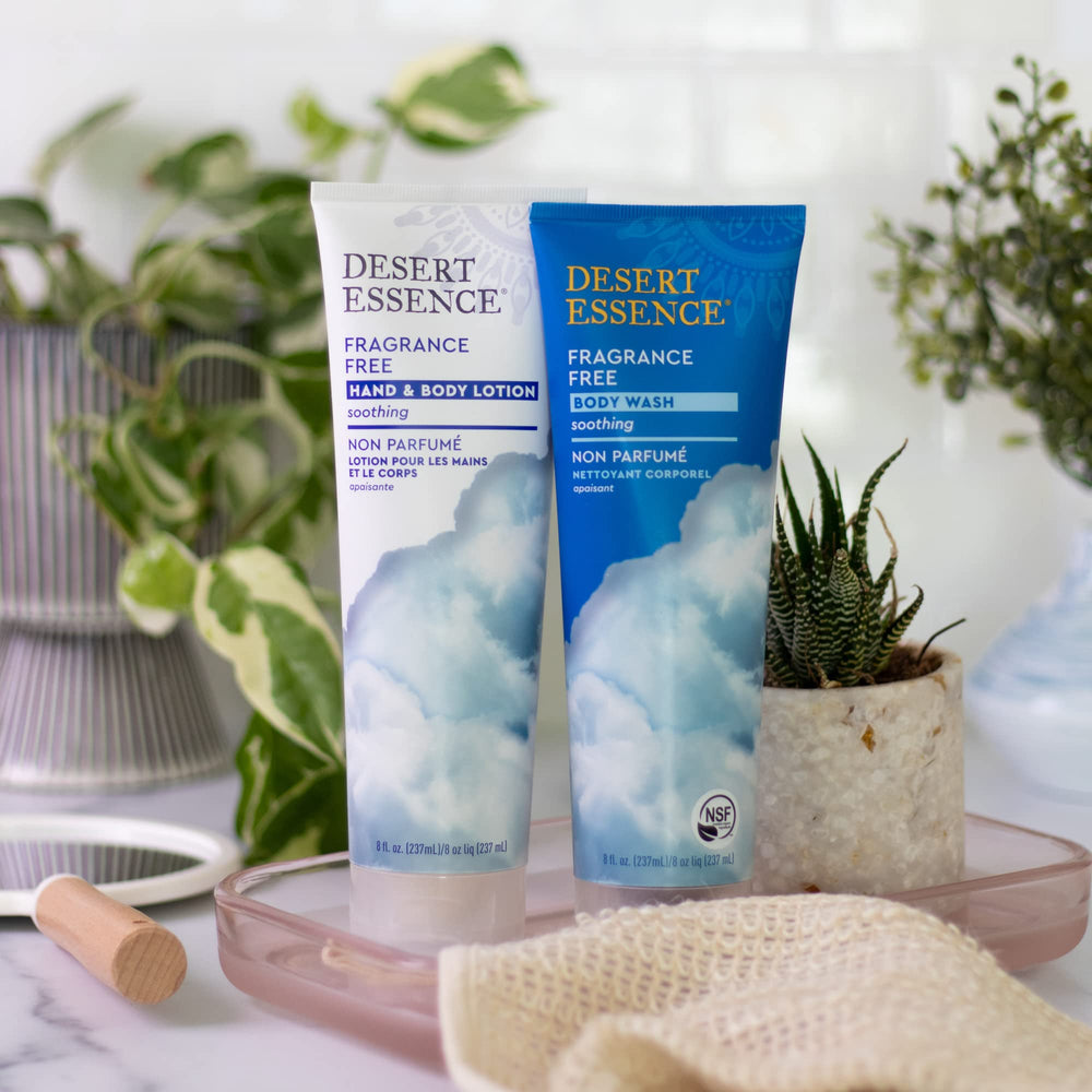 Desert Essence fragrance-free bottle with coconut and jojoba notes for soothing skin