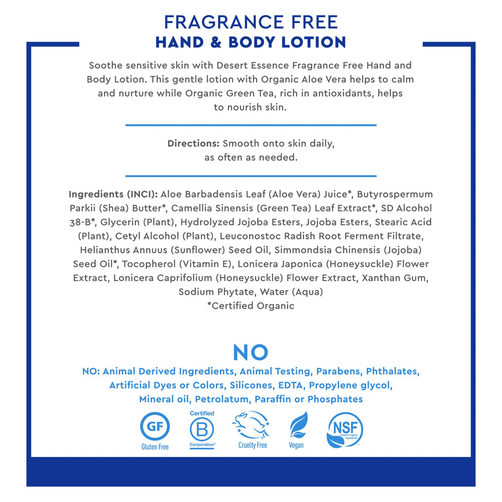 Desert Essence fragrance-free lotion in daily-use setting for everyday moisture