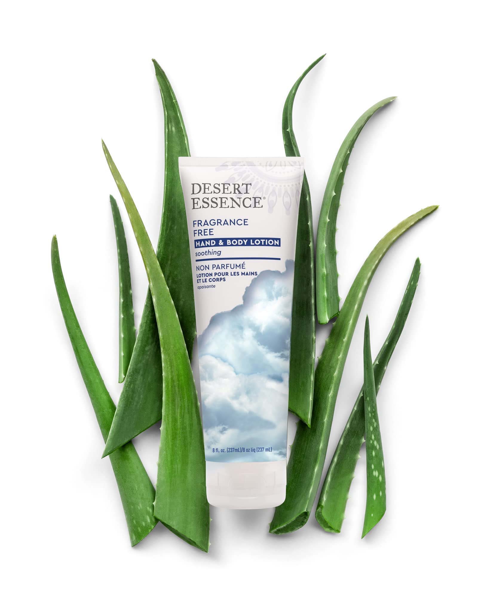 Desert Essence fragrance-free lotion packaging emphasizes purity and gentle care