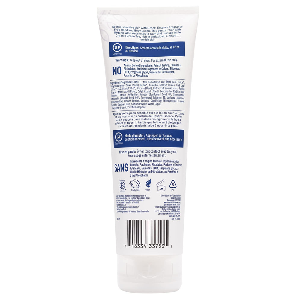 Desert Essence fragrance-free lotion benefits include vegan, gluten-free, cruelty-free status