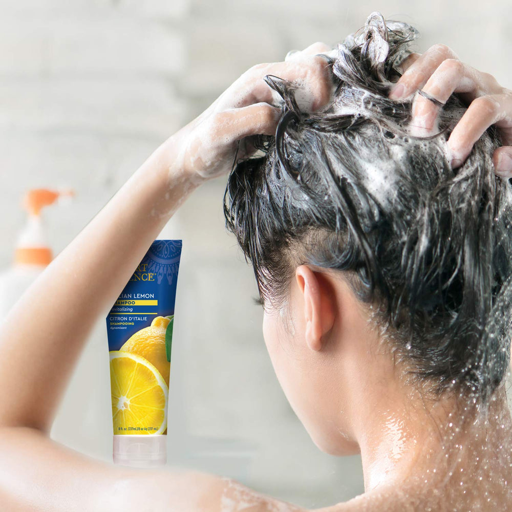 Desert Essence gluten-free vegan badge signals conscious hair care choice.