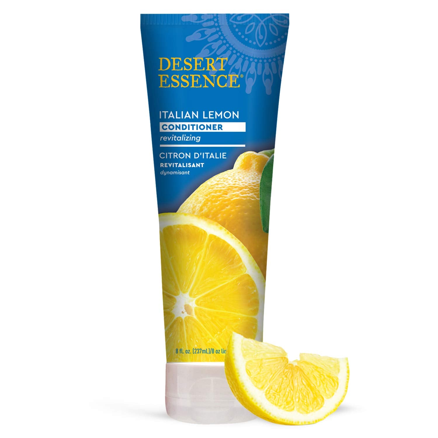 Desert Essence Italian Lemon Conditioner bottle-front highlights detangling power and lemon scent.