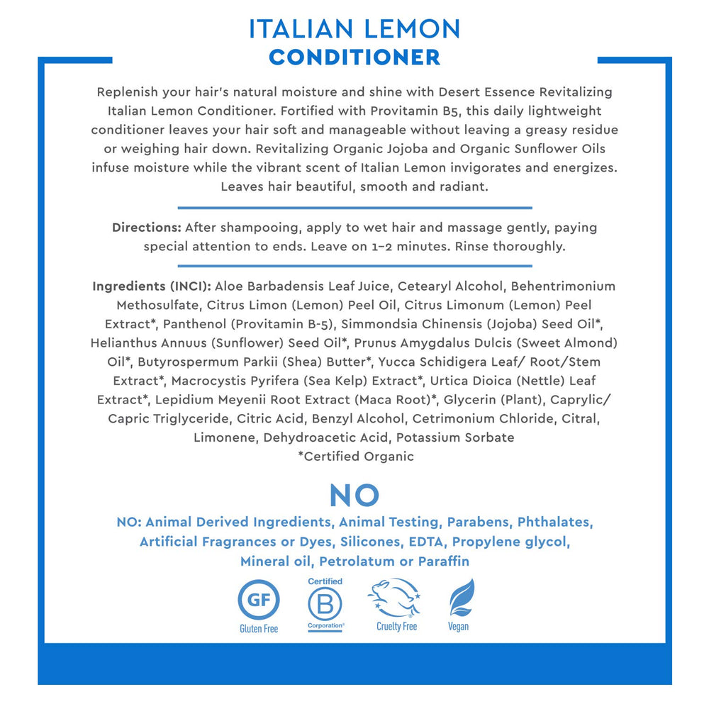 Desert Essence Italian Lemon Conditioner-volume-shine illustrates hair lift and natural gloss.