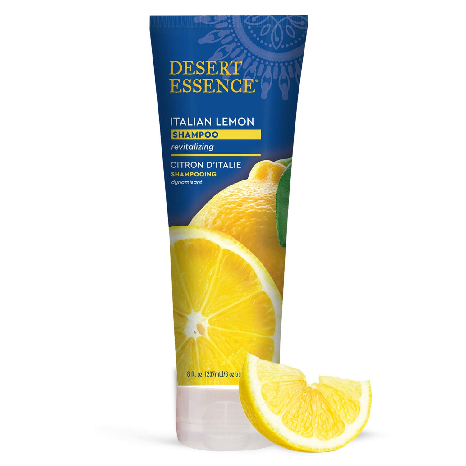 Desert Essence Italian Lemon Shampoo bottle emphasizes clarifying cleanse for refreshed hair.